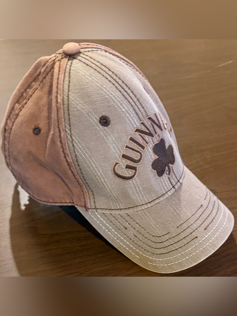 Guinness Shamrock Distressed Baseball Cap, Brown and Tan, Embroidered Pint logo